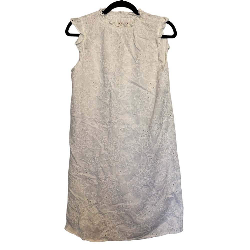White eyelet high-neck ruffle tank dress